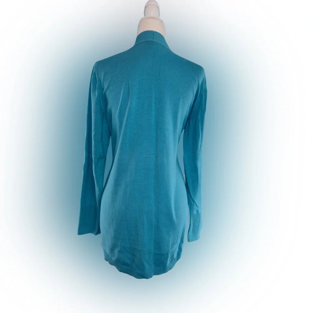Isaac Mizrahi Aqua Teal Open Drape Front Long Sleeve Cardigan Size L - Picture 3 of 5